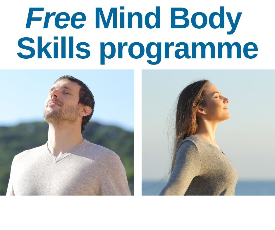 Picture of man and woman standing with eyes closed outdoors in nature and words Free Mind Body Skills programme